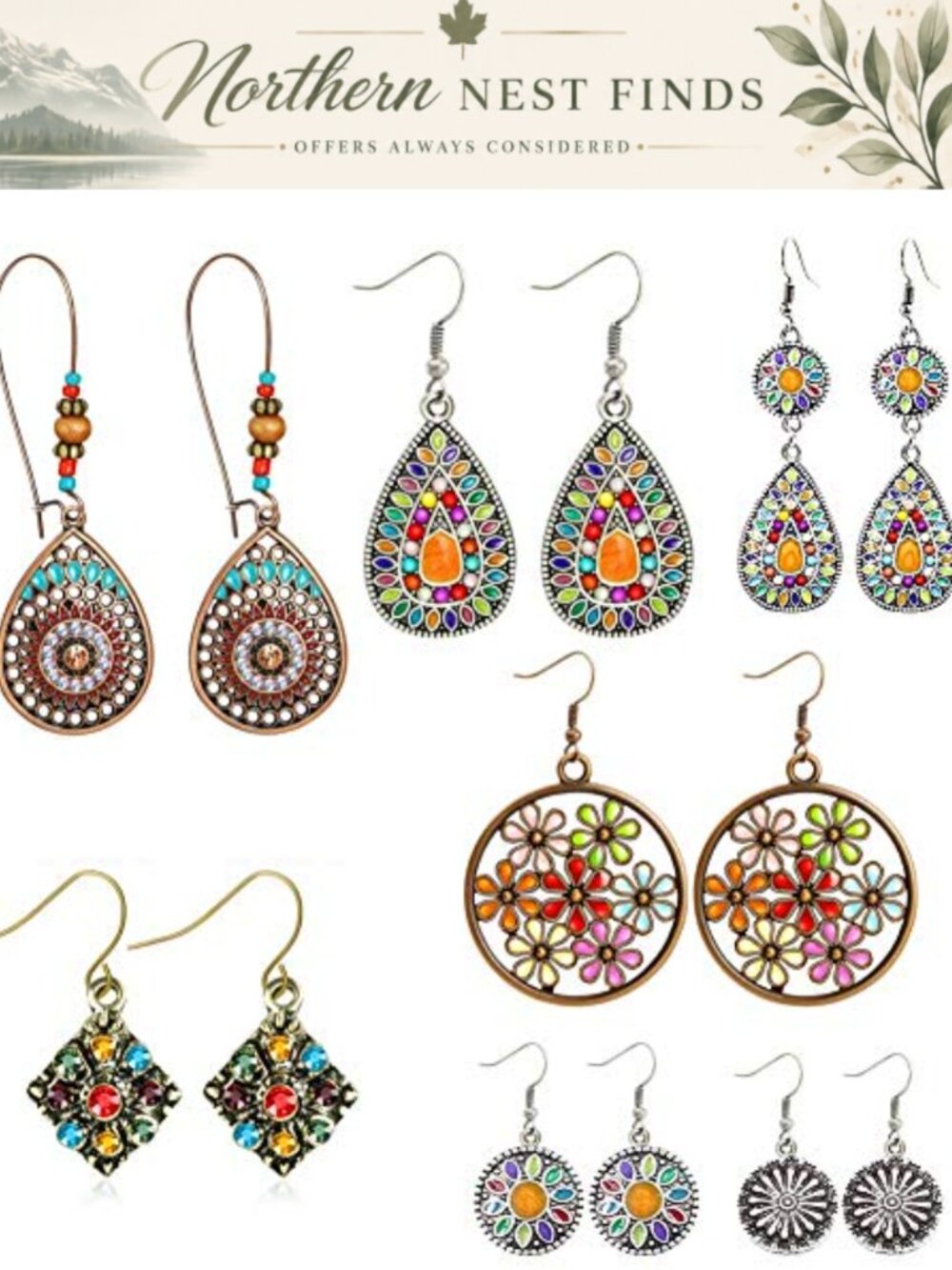 Bohemian Dangle Drop Earrings 7 Pairs Alloy Rhinestone Statement Boho Jewelry